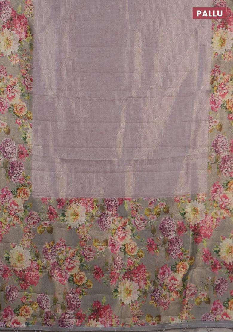 Tissue Saree Pastel Lavender And Grey Shade With Allover Zari Weaves And Floral Digital Printed Border For Women - Indya