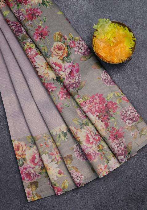 Tissue Saree Pastel Lavender And Grey Shade With Allover Zari Weaves And Floral Digital Printed Border For Women