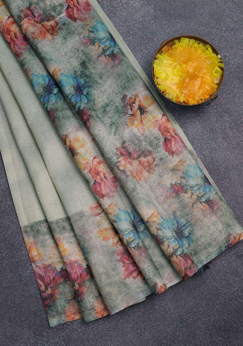 Tissue Saree Pastel Green And Grey With Allover Zari Weaves And Floral Digital Printed Border For Women - Indya