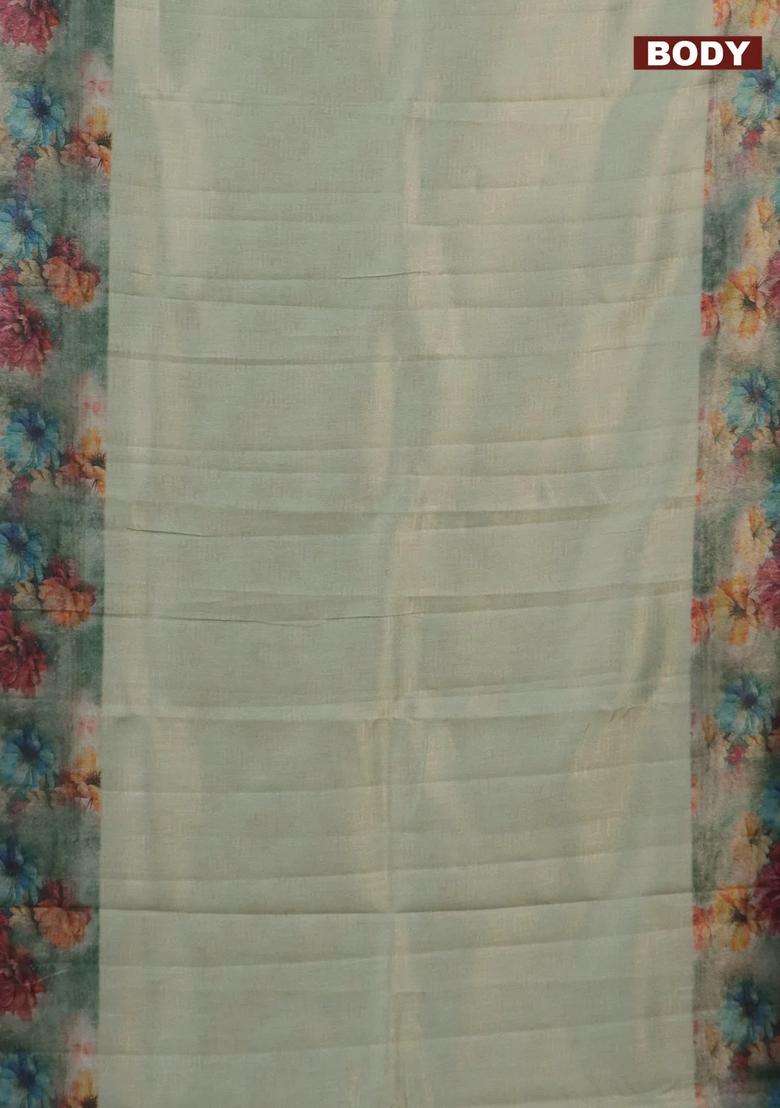 Tissue Saree Pastel Green And Grey With Allover Zari Weaves And Floral Digital Printed Border For Women - Indya