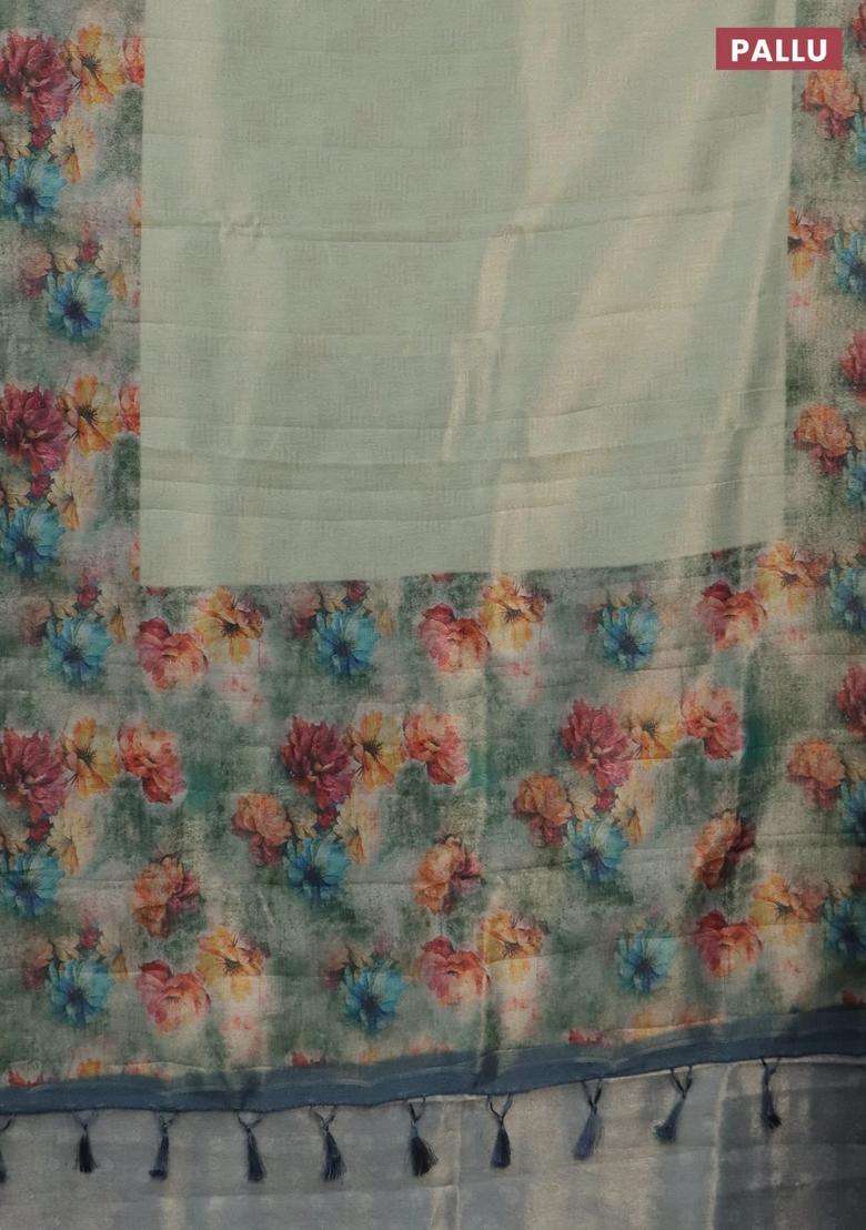 Tissue Saree Pastel Green And Grey With Allover Zari Weaves And Floral Digital Printed Border For Women - Indya