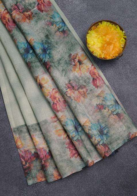 Tissue Saree Pastel Green And Grey With Allover Zari Weaves And Floral Digital Printed Border For Women