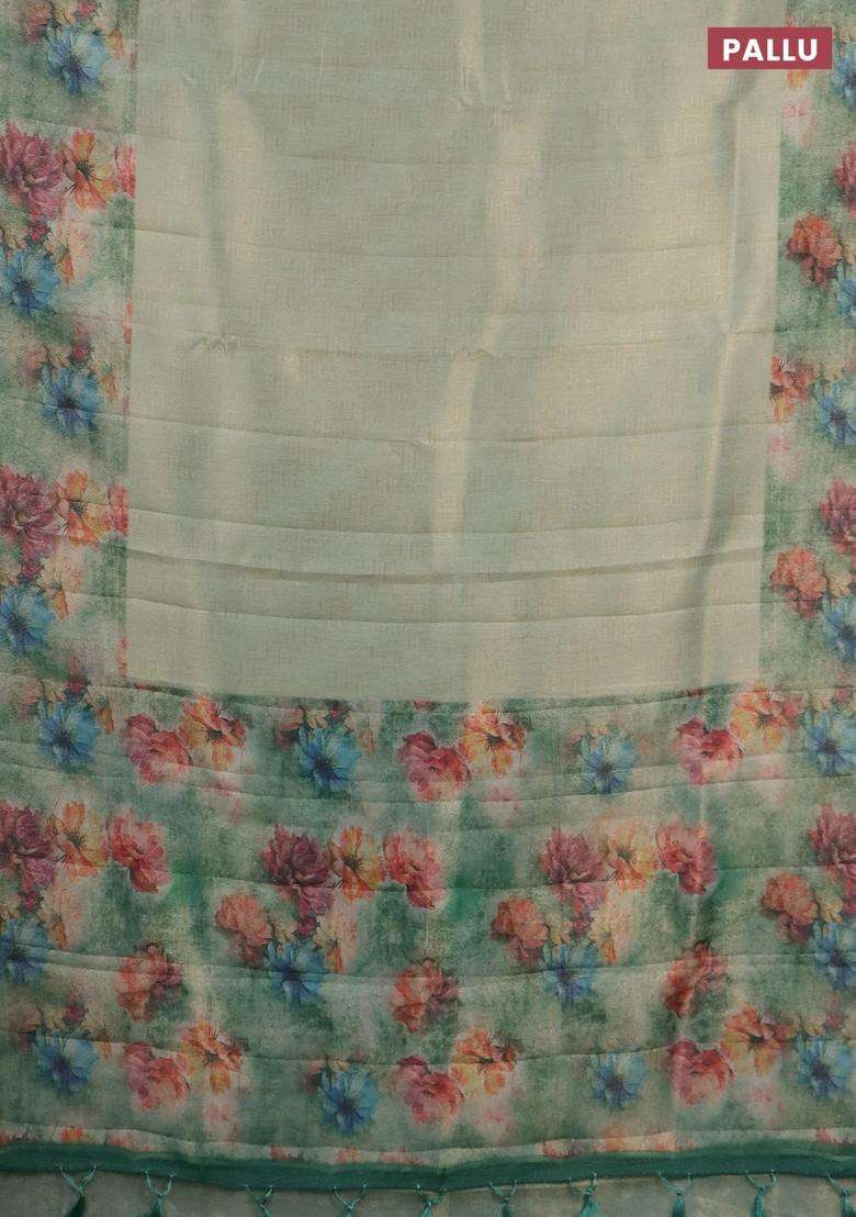 Tissue Saree Teal Shade And Teal Green With Allover Zari Weaves And Floral Digital Printed Border For Women - Indya