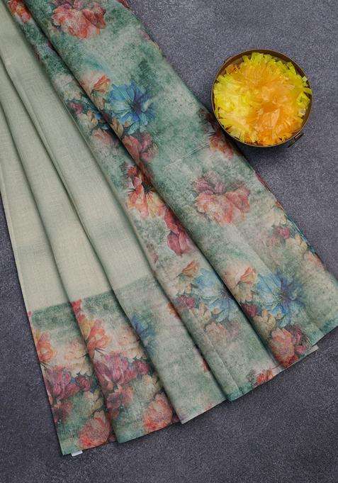 Tissue Saree Teal Shade And Teal Green With Allover Zari Weaves And Floral Digital Printed Border For Women