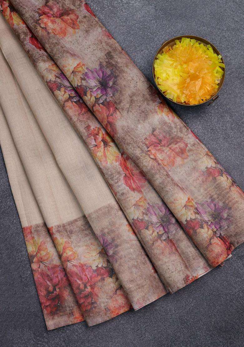 Tissue Saree Sandal And Pastel Brown With Allover Zari Weaves And Floral Digital Printed Border For Women - Indya