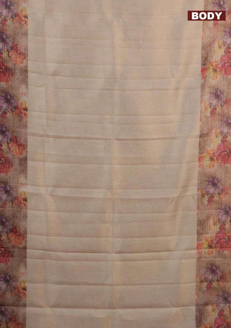Tissue Saree Sandal And Pastel Brown With Allover Zari Weaves And Floral Digital Printed Border For Women - Indya