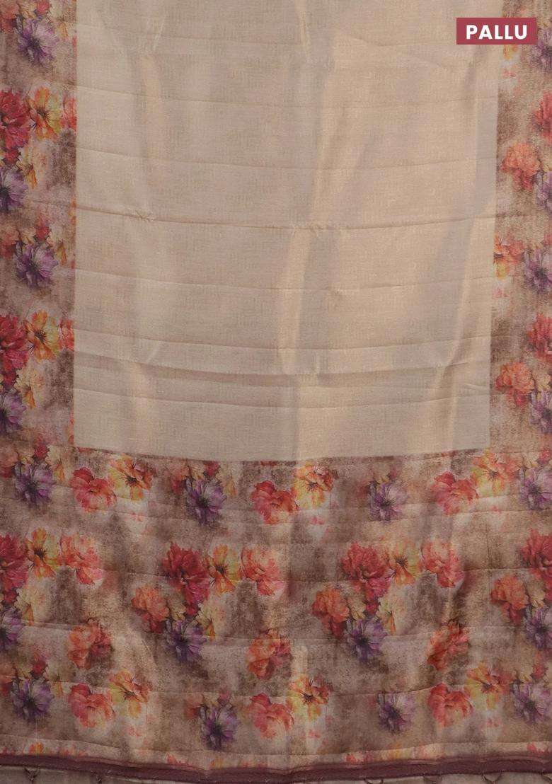 Tissue Saree Sandal And Pastel Brown With Allover Zari Weaves And Floral Digital Printed Border For Women - Indya