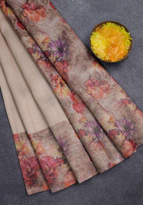 Tissue Saree Sandal And Pastel Brown With Allover Zari Weaves And Floral Digital Printed Border For Women