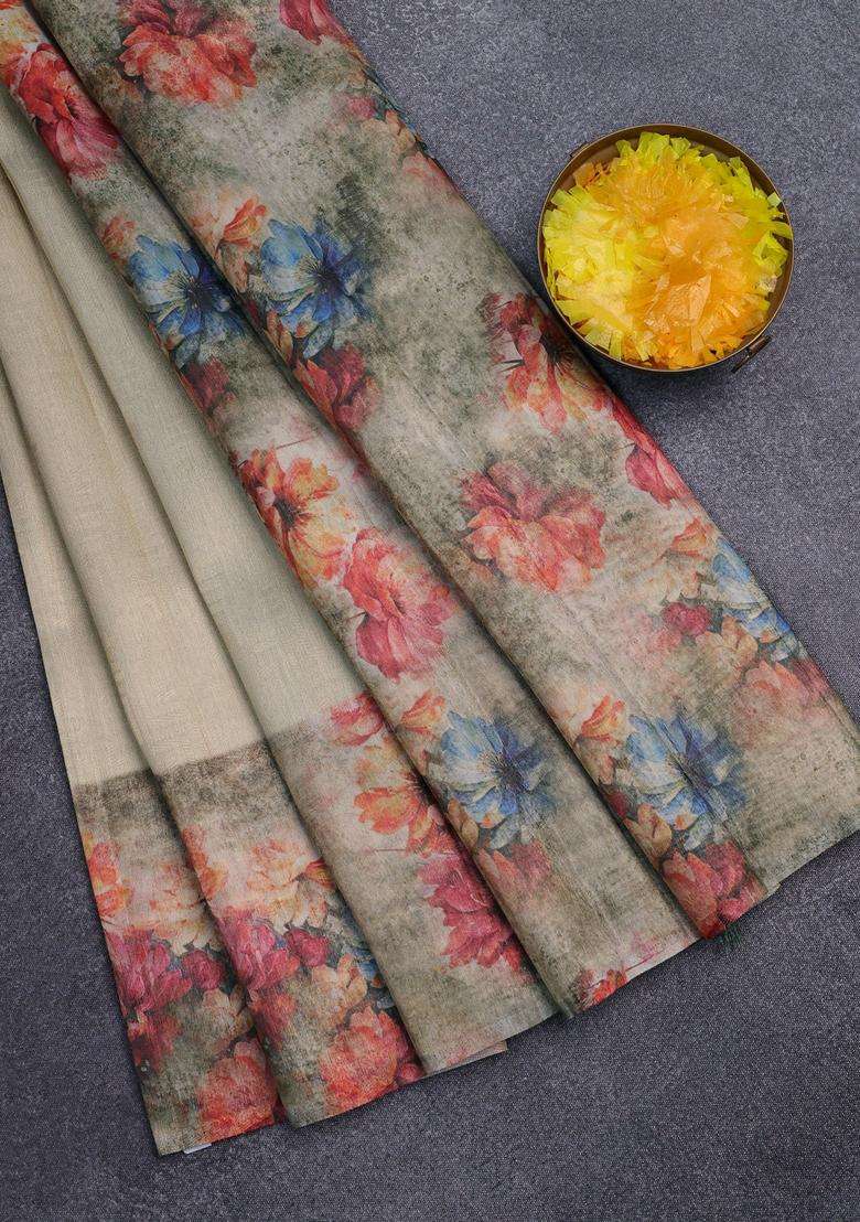 Tissue Saree Cream And Pastel Green With Allover Zari Weaves And Floral Digital Printed Border For Women - Indya