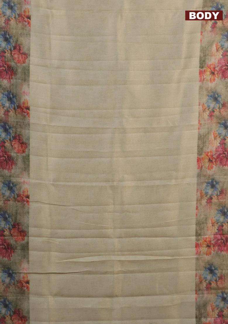 Tissue Saree Cream And Pastel Green With Allover Zari Weaves And Floral Digital Printed Border For Women - Indya