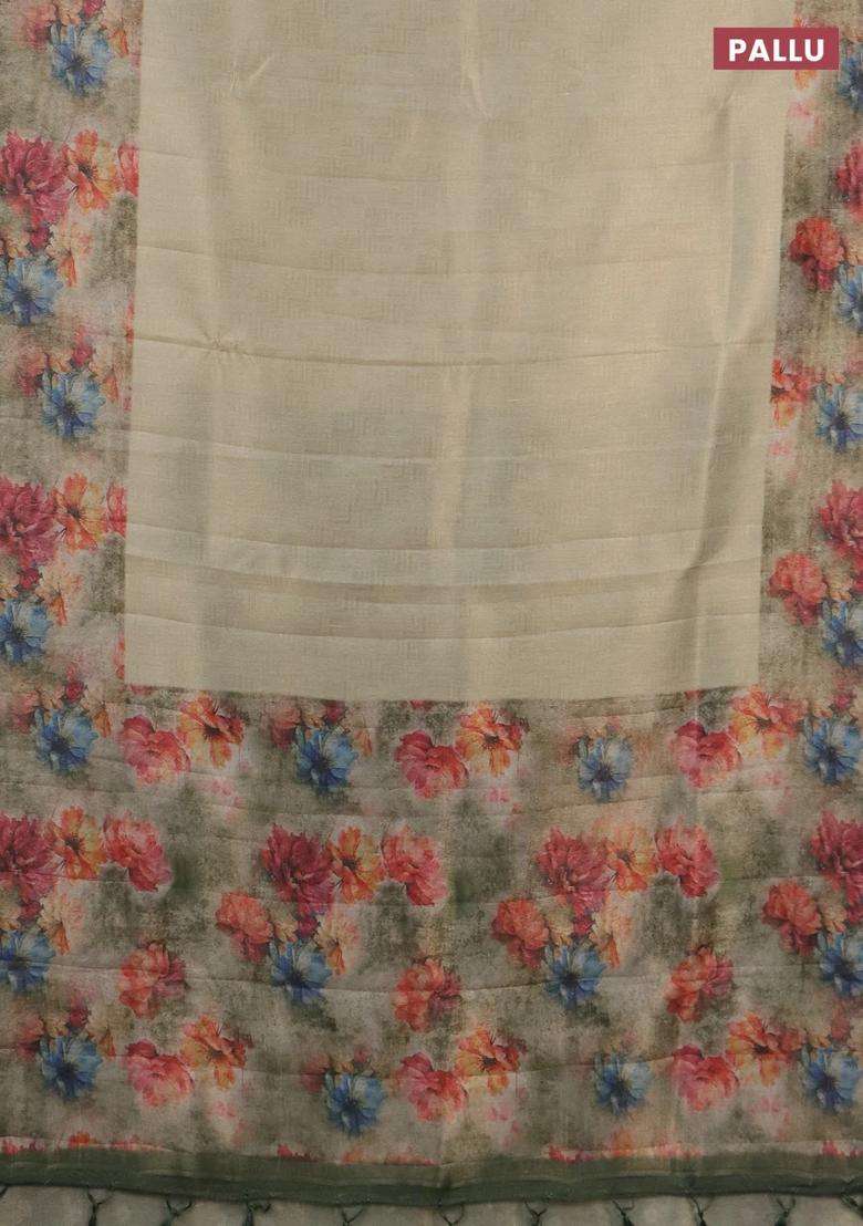 Tissue Saree Cream And Pastel Green With Allover Zari Weaves And Floral Digital Printed Border For Women - Indya