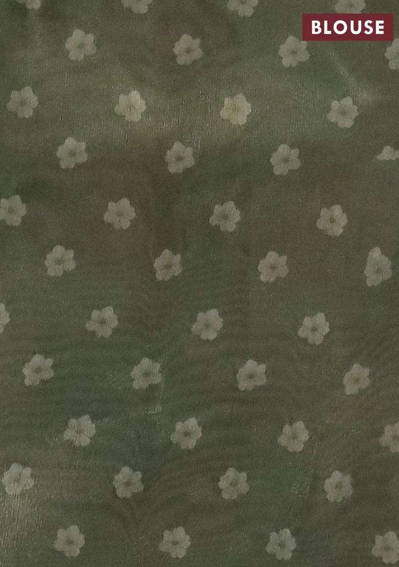 Tissue Saree Cream And Pastel Green With Allover Zari Weaves And Floral Digital Printed Border For Women - Indya