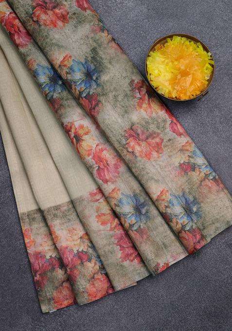 Tissue Saree Cream And Pastel Green With Allover Zari Weaves And Floral Digital Printed Border For Women