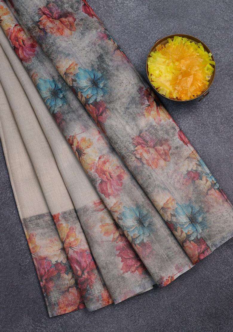 Tissue Saree Beige And Violet With Allover Zari Weaves And Floral Digital Printed Border For Women - Indya