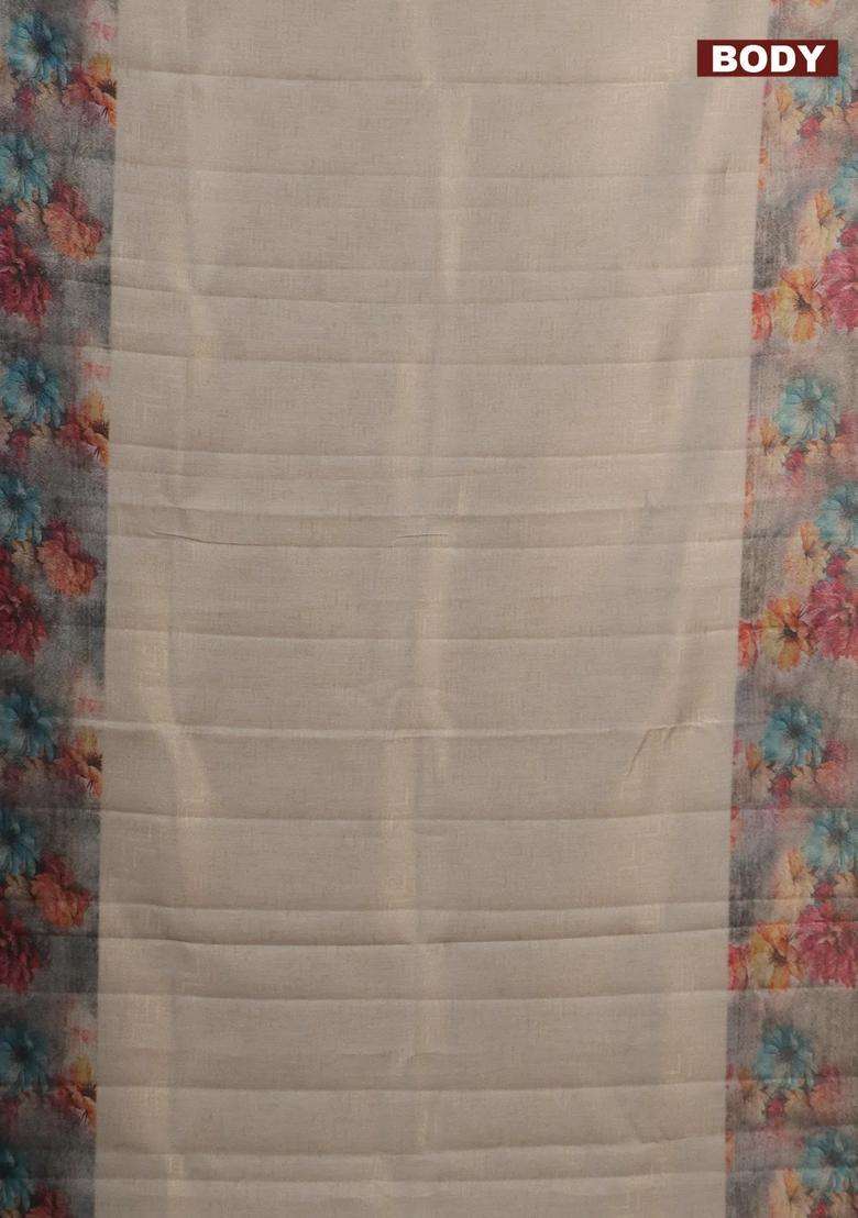 Tissue Saree Beige And Violet With Allover Zari Weaves And Floral Digital Printed Border For Women - Indya