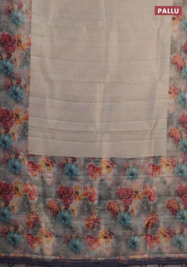 Tissue Saree Beige And Violet With Allover Zari Weaves And Floral Digital Printed Border For Women - Indya