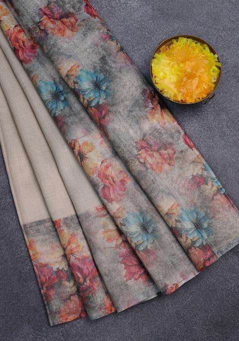 Tissue Saree Beige And Violet With Allover Zari Weaves And Floral Digital Printed Border For Women