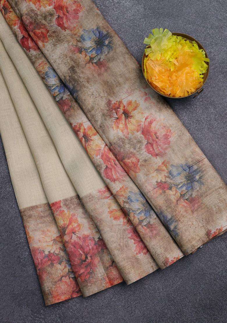 Tissue Saree Cream And Sandal With Allover Zari Weaves And Floral Digital Printed Border For Women - Indya