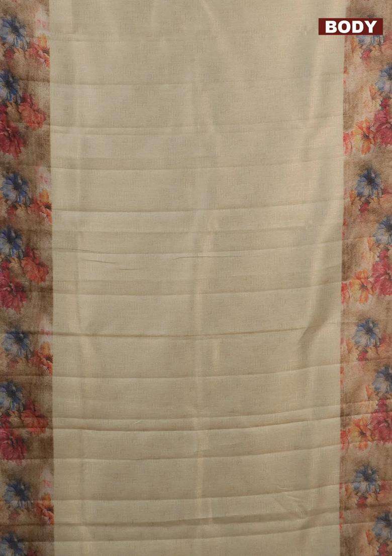 Tissue Saree Cream And Sandal With Allover Zari Weaves And Floral Digital Printed Border For Women - Indya