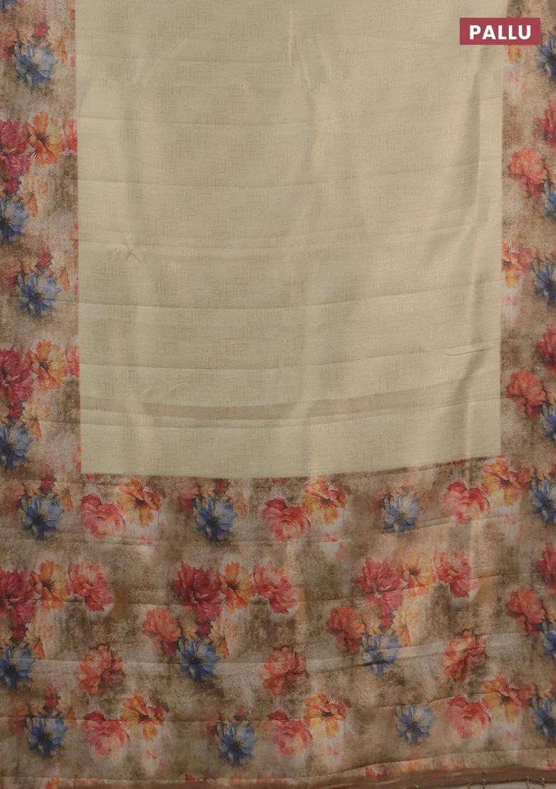 Tissue Saree Cream And Sandal With Allover Zari Weaves And Floral Digital Printed Border For Women - Indya