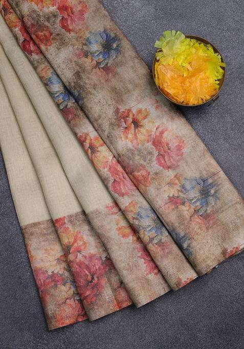 Tissue Saree Cream And Sandal With Allover Zari Weaves And Floral Digital Printed Border For Women