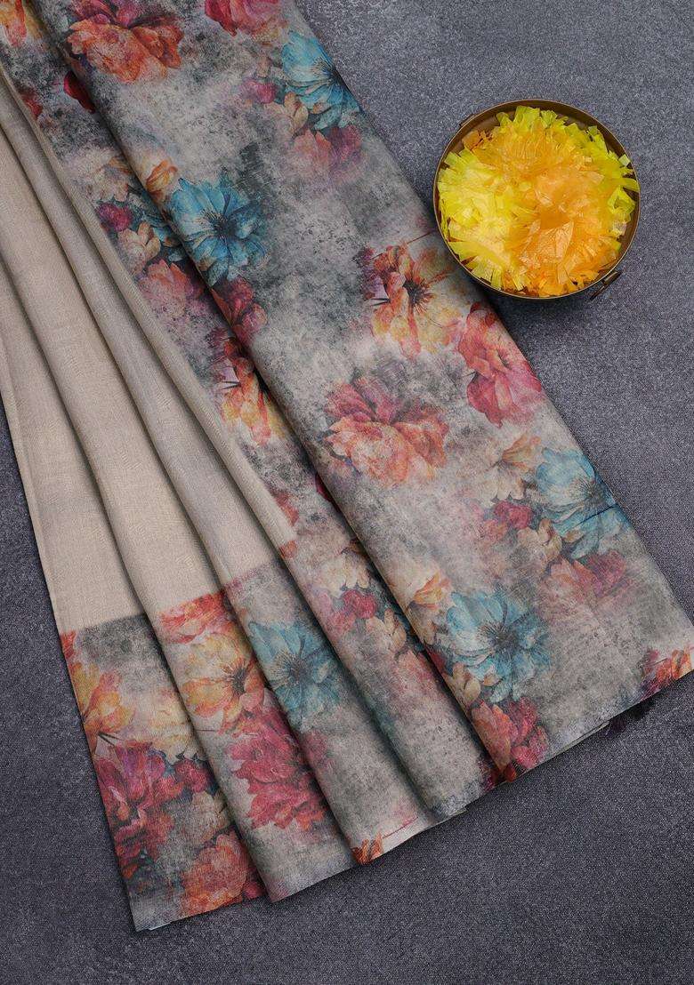 Tissue Saree Beige And Grey Shade With Allover Zari Weaves And Floral Digital Printed Border For Women - Indya