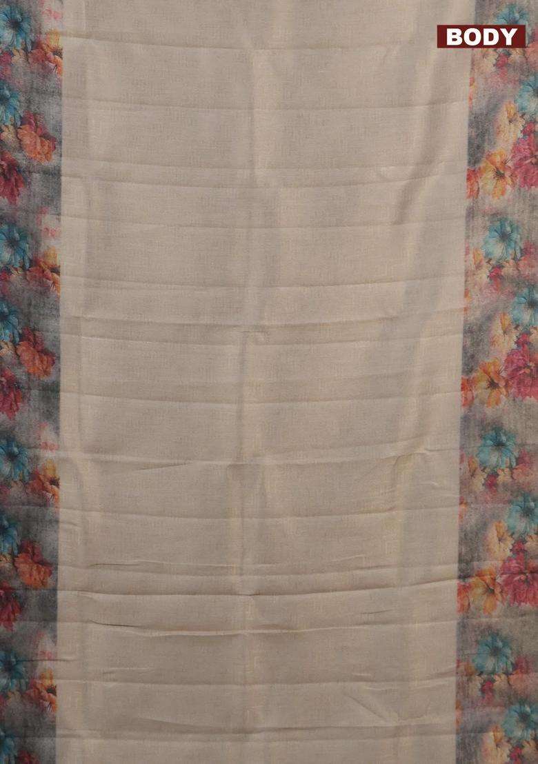 Tissue Saree Beige And Grey Shade With Allover Zari Weaves And Floral Digital Printed Border For Women - Indya