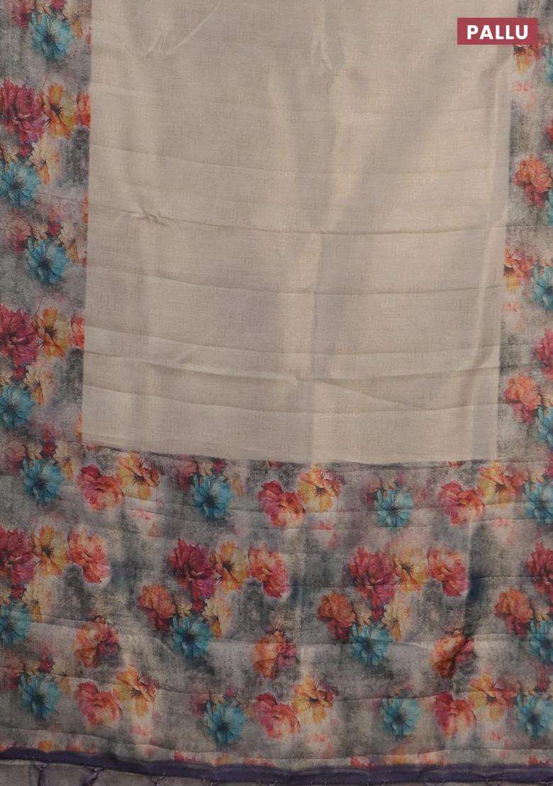 Tissue Saree Beige And Grey Shade With Allover Zari Weaves And Floral Digital Printed Border For Women - Indya