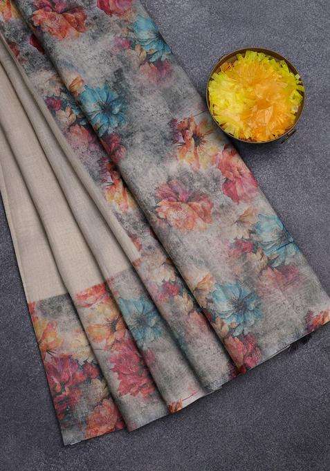Tissue Saree Beige And Grey Shade With Allover Zari Weaves And Floral Digital Printed Border For Women