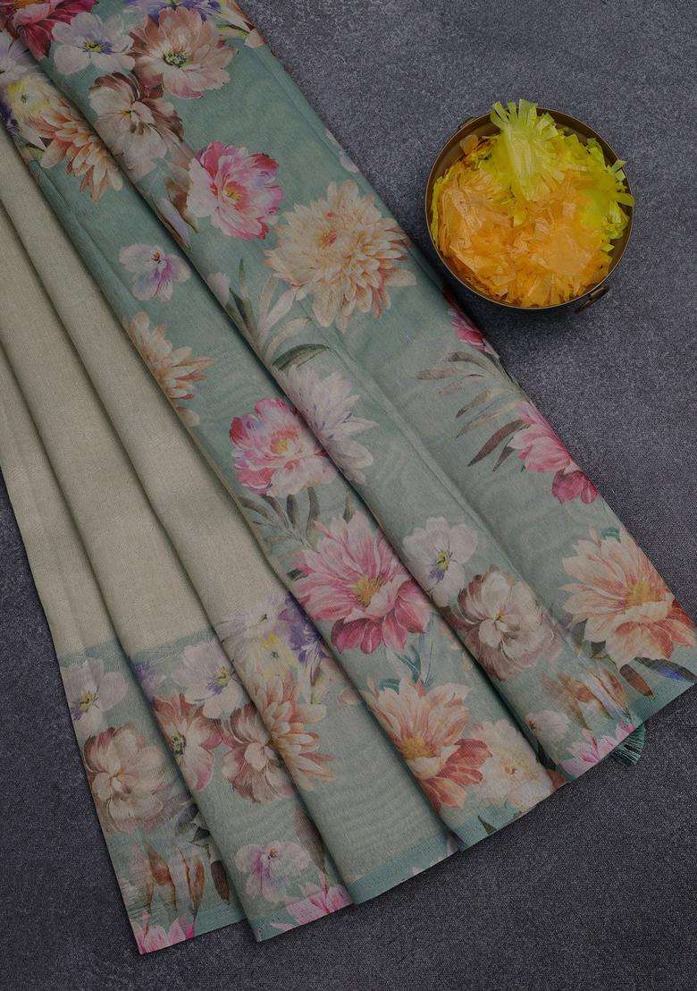 Tissue Saree Pista Green Shade And Pastel Green With Allover Zari Weaves And Floral Digital Printed Border For Women - Indya