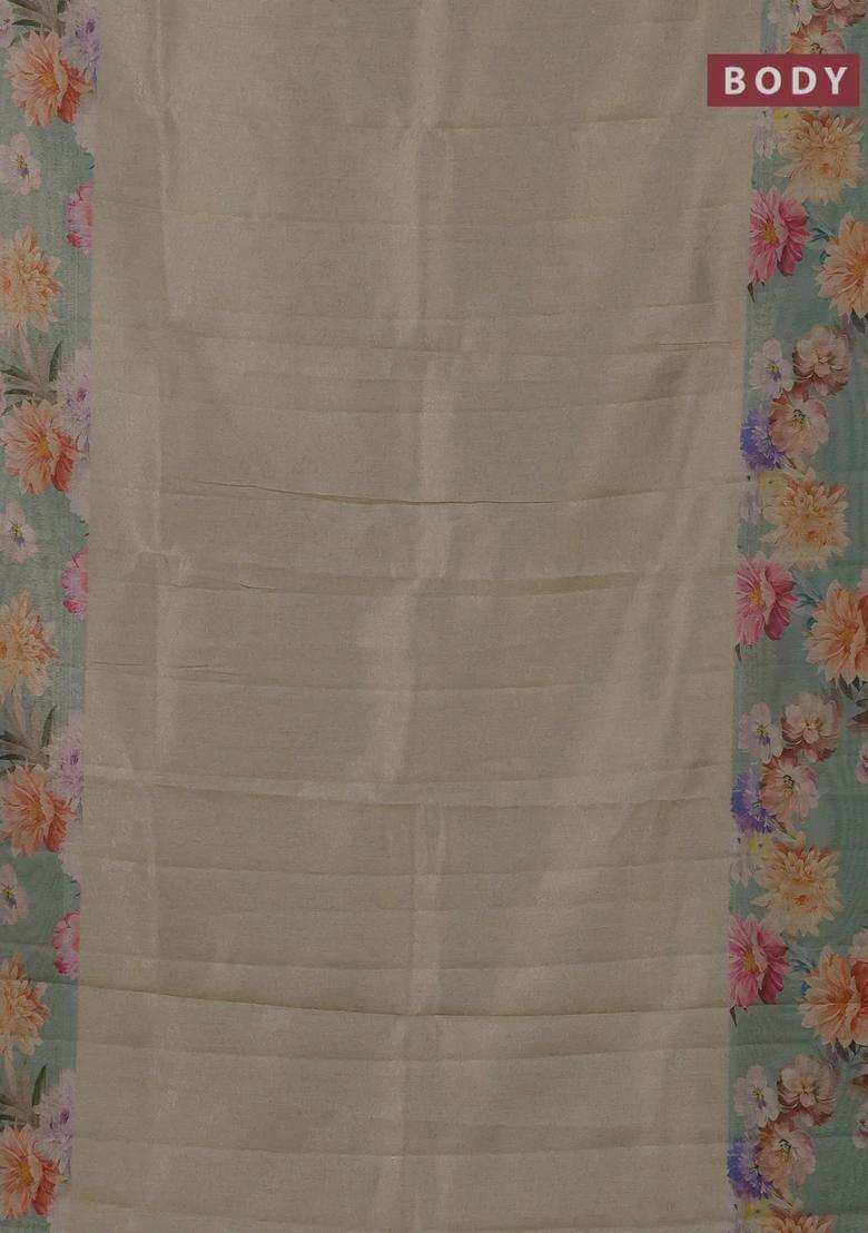 Tissue Saree Pista Green Shade And Pastel Green With Allover Zari Weaves And Floral Digital Printed Border For Women - Indya