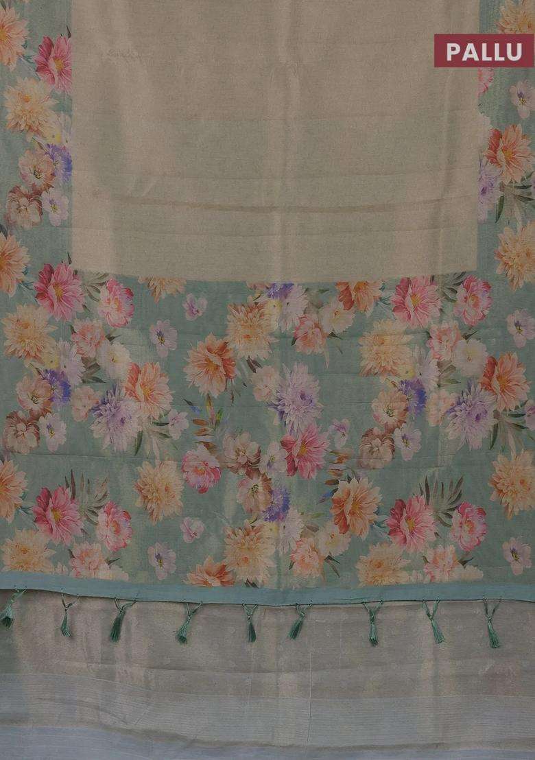 Tissue Saree Pista Green Shade And Pastel Green With Allover Zari Weaves And Floral Digital Printed Border For Women - Indya
