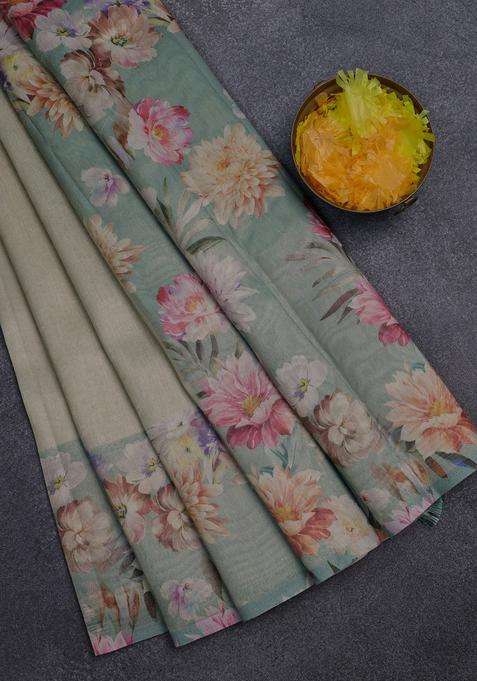 Tissue Saree Pista Green Shade And Pastel Green With Allover Zari Weaves And Floral Digital Printed Border For Women