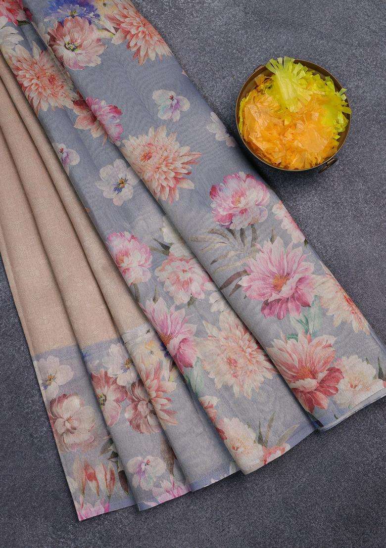 Tissue Saree Sandal And Pastel Blue With Allover Zari Weaves And Floral Digital Printed Border For Women - Indya