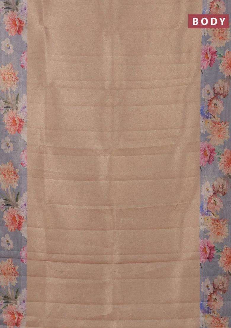 Tissue Saree Sandal And Pastel Blue With Allover Zari Weaves And Floral Digital Printed Border For Women - Indya