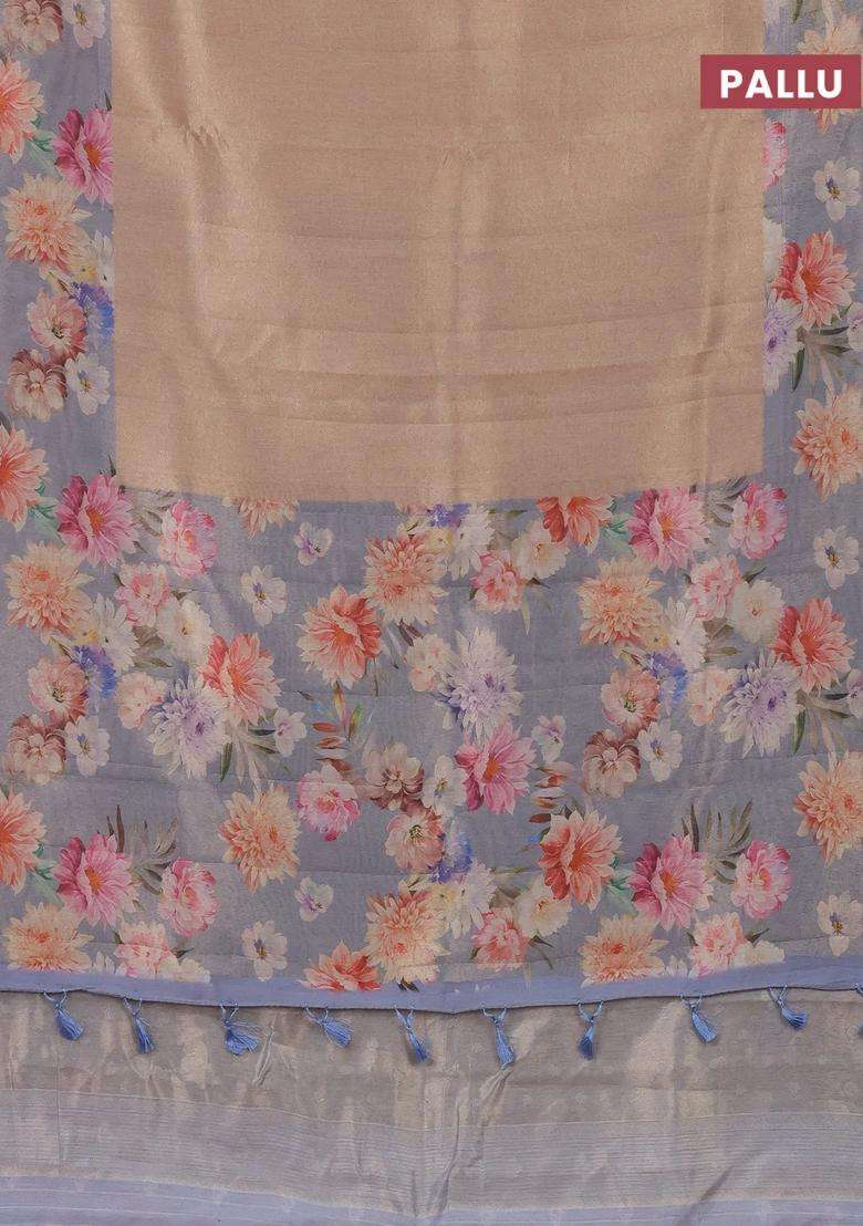 Tissue Saree Sandal And Pastel Blue With Allover Zari Weaves And Floral Digital Printed Border For Women - Indya