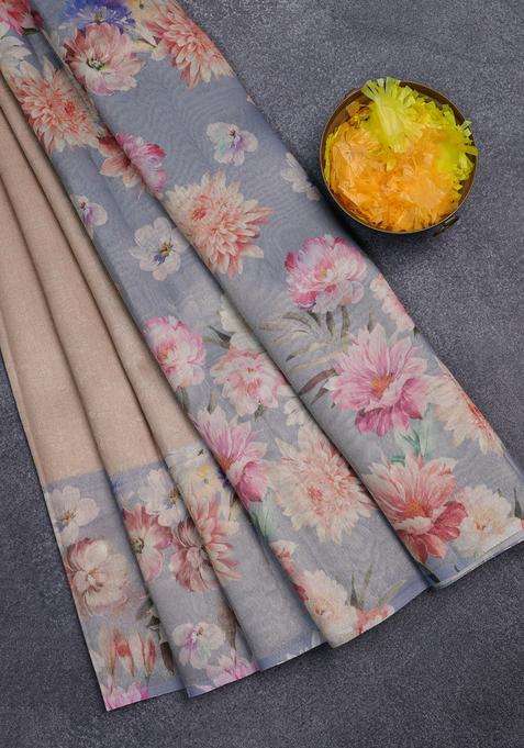 Tissue Saree Sandal And Pastel Blue With Allover Zari Weaves And Floral Digital Printed Border For Women