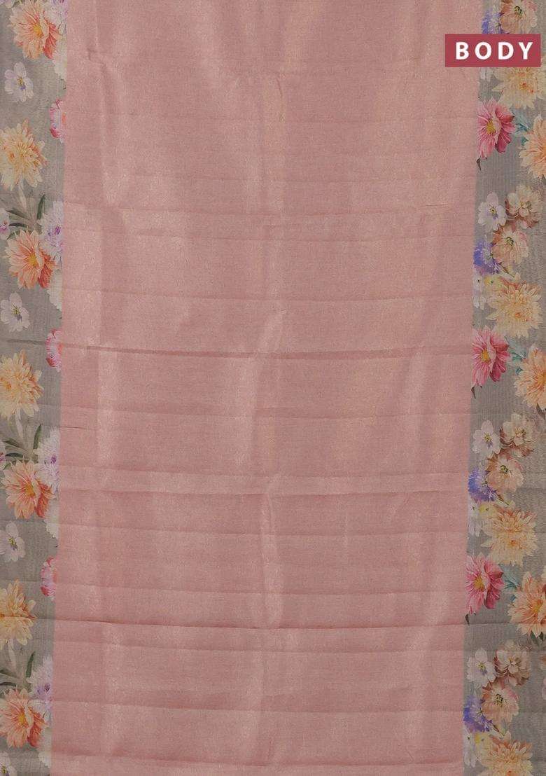 Tissue Saree Pastel Peach And Grey With Allover Zari Weaves And Floral Digital Printed Border For Women - Indya