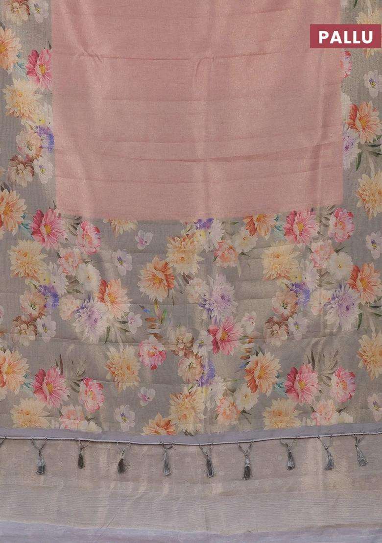 Tissue Saree Pastel Peach And Grey With Allover Zari Weaves And Floral Digital Printed Border For Women - Indya