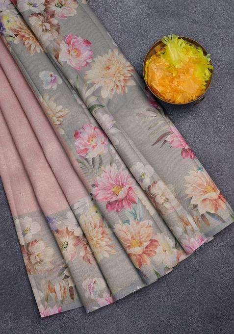 Tissue Saree Pastel Peach And Grey With Allover Zari Weaves And Floral Digital Printed Border For Women
