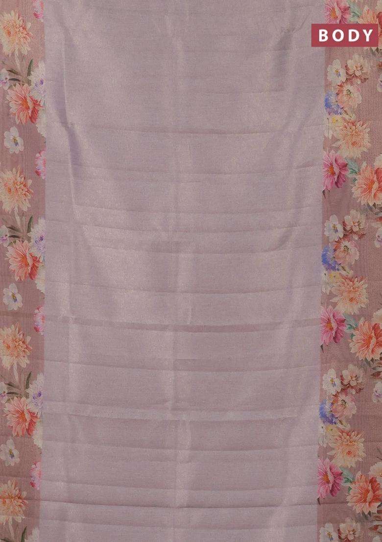 Tissue Saree Pastel Lavender And Pastel Pink With Allover Zari Weaves And Floral Digital Printed Border For Women - Indya