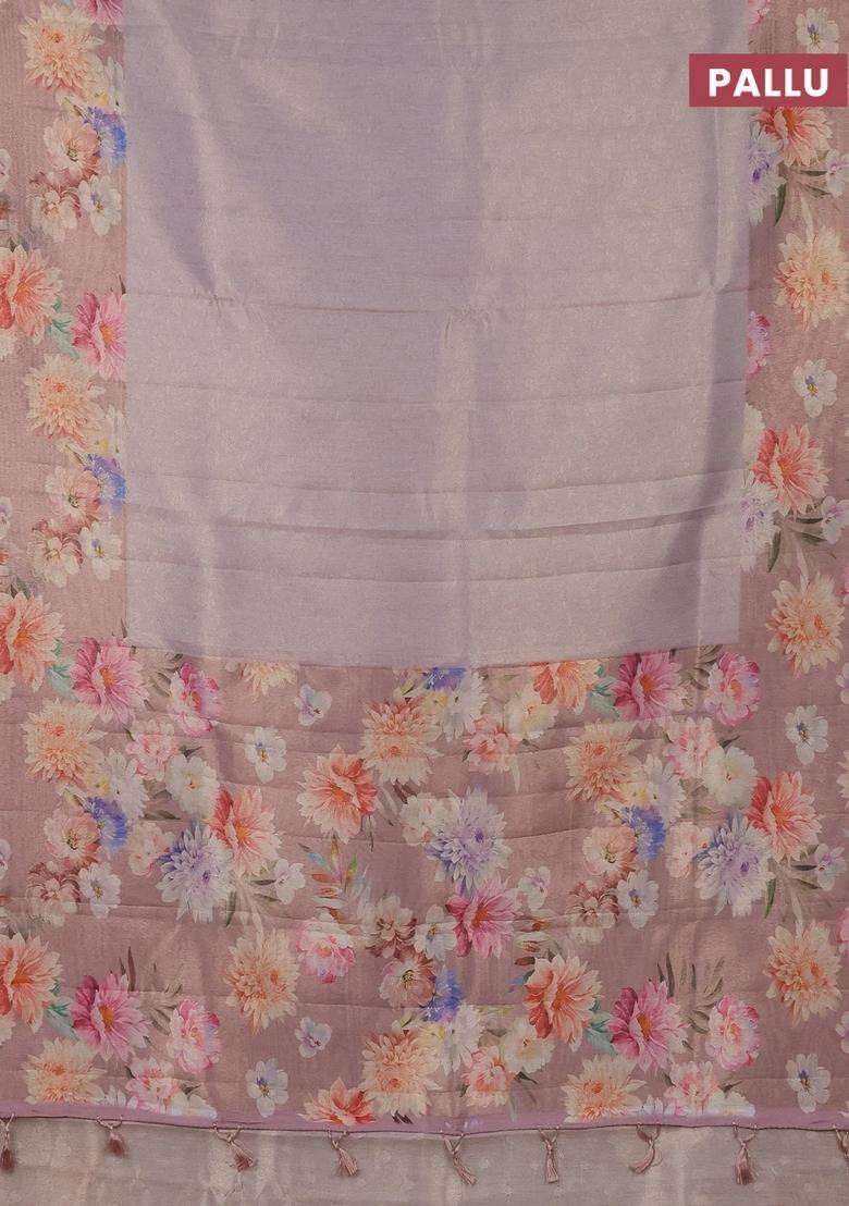 Tissue Saree Pastel Lavender And Pastel Pink With Allover Zari Weaves And Floral Digital Printed Border For Women - Indya
