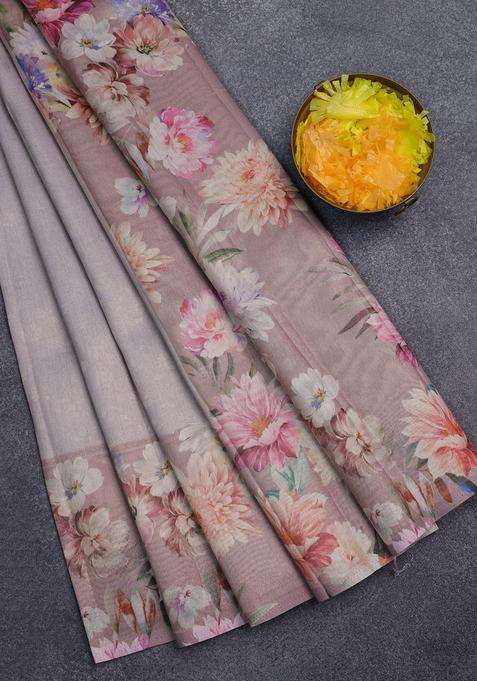 Tissue Saree Pastel Lavender And Pastel Pink With Allover Zari Weaves And Floral Digital Printed Border For Women