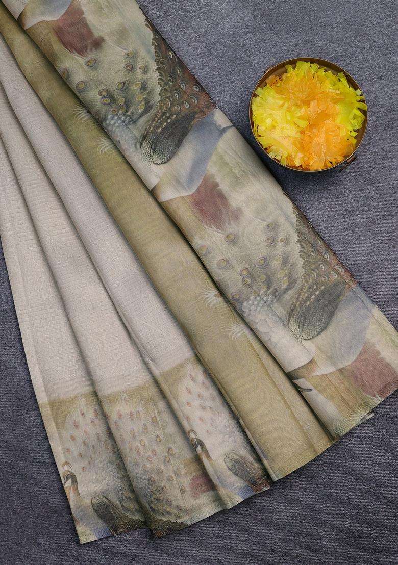 Tissue Saree Beige With Allover Zari Weaves And Digital Printed Border For Women - Indya