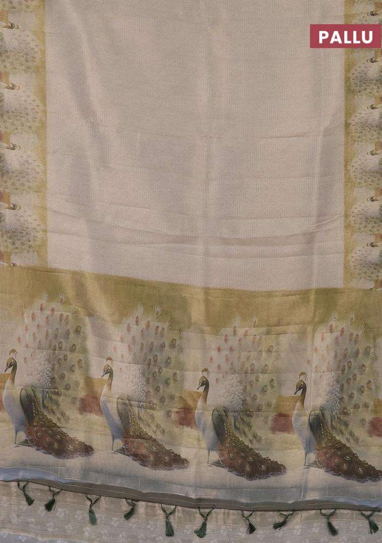 Tissue Saree Beige With Allover Zari Weaves And Digital Printed Border For Women - Indya