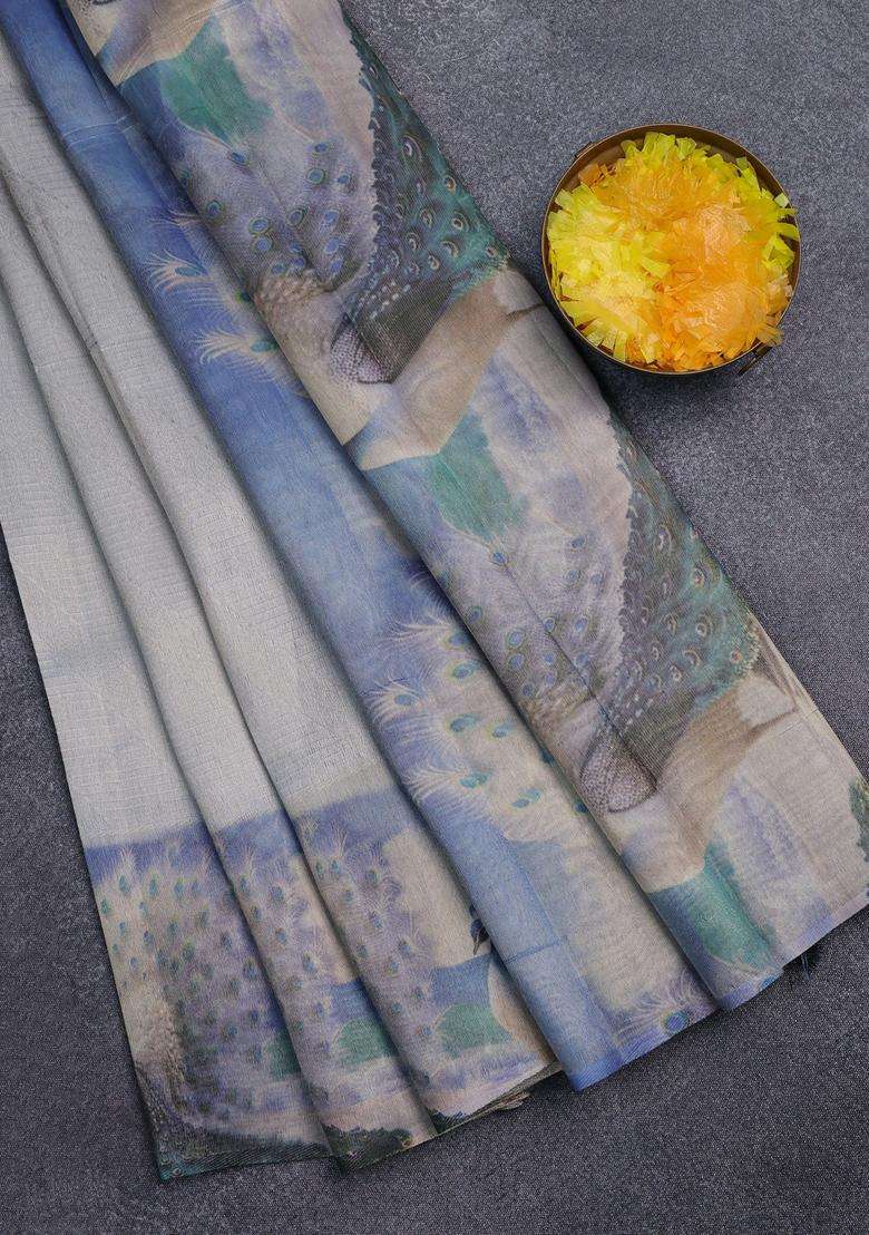 Tissue Saree Pastel Grey With Allover Zari Weaves And Digital Printed Border For Women - Indya