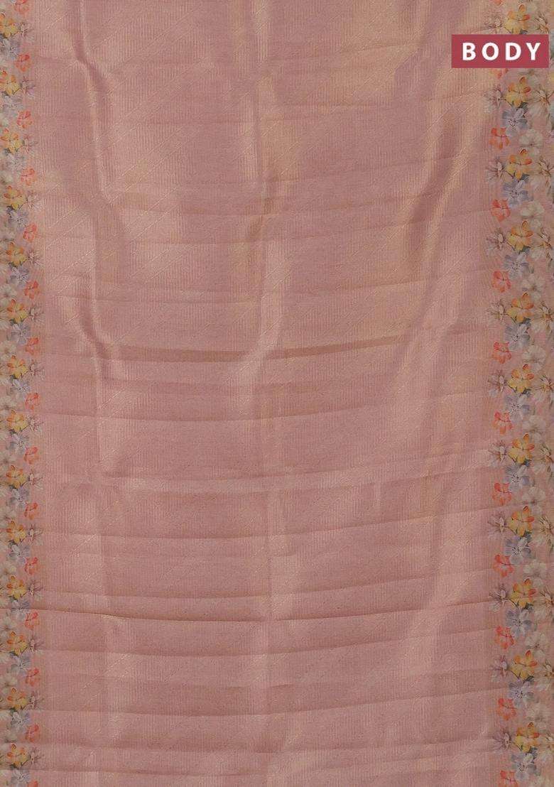 Tissue Saree Peach Orange With Allover Zari Weaves And Floral Digital Printed Border For Women - Indya