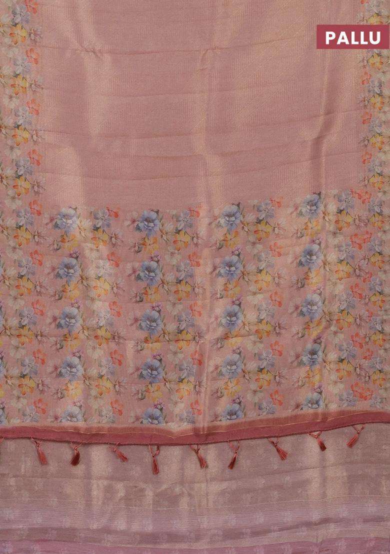Tissue Saree Peach Orange With Allover Zari Weaves And Floral Digital Printed Border For Women - Indya