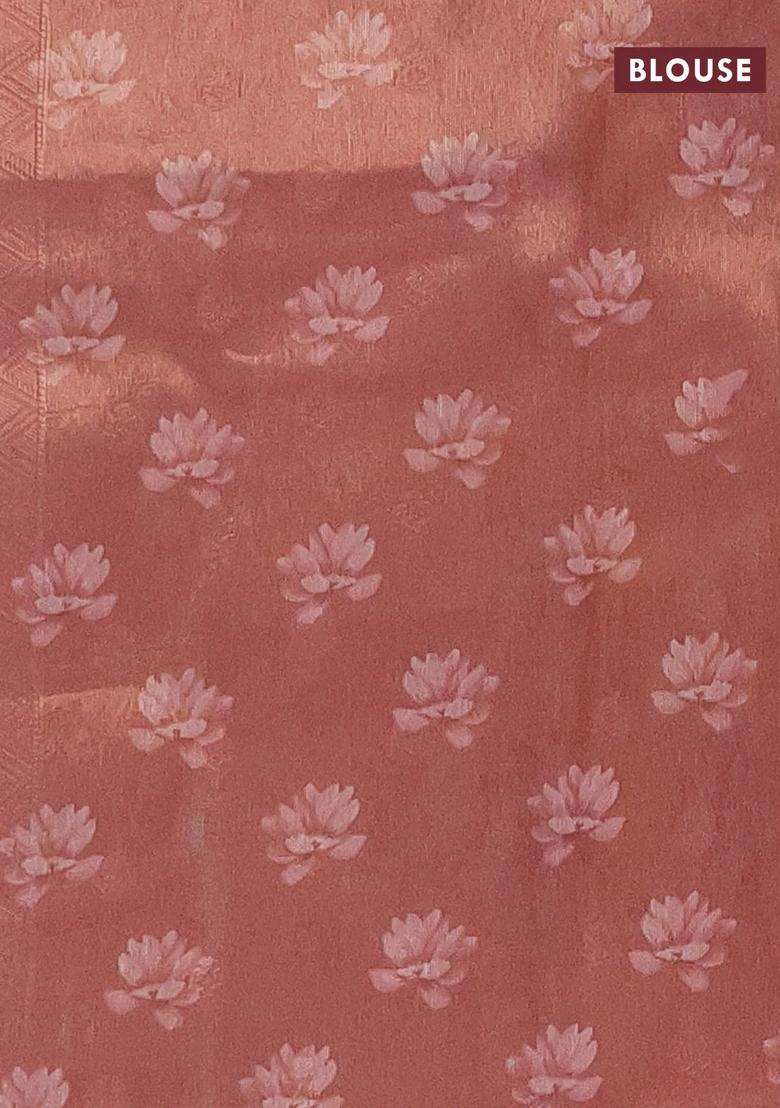Tissue Saree Peach Orange With Allover Zari Weaves And Floral Digital Printed Border For Women - Indya