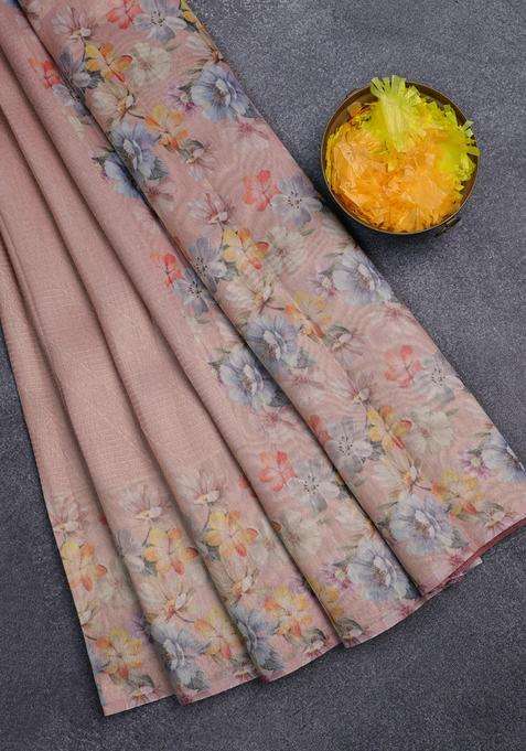 Tissue Saree Peach Orange With Allover Zari Weaves And Floral Digital Printed Border For Women